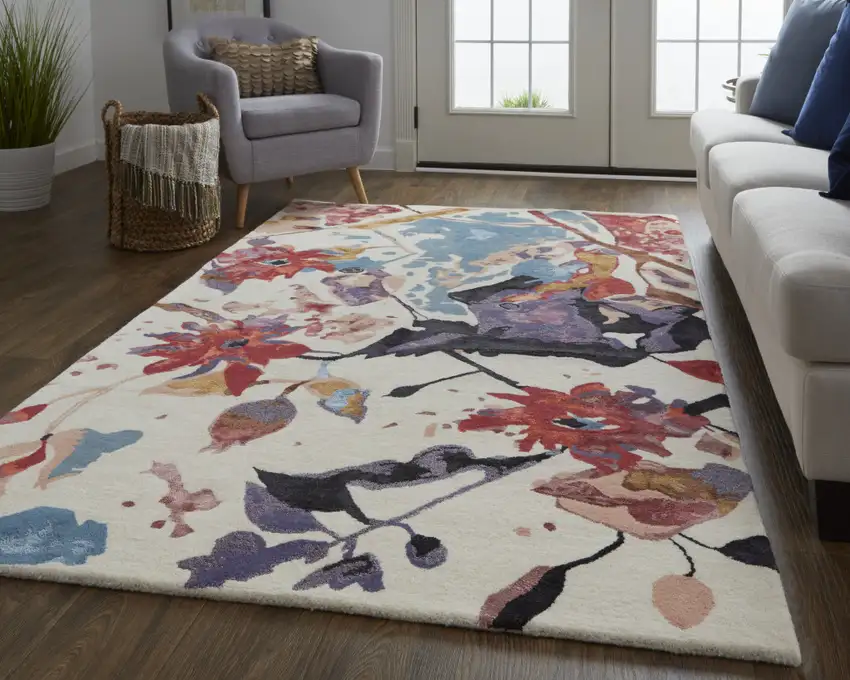 Red Blue And Purple Floral Tufted Handmade Area Rug Photo 6
