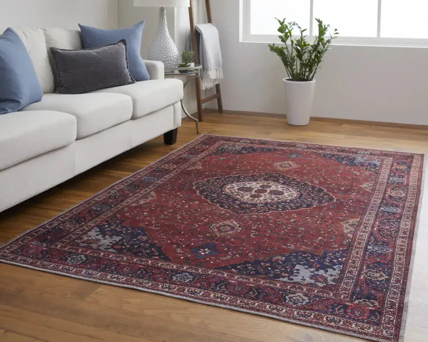 Red Blue And Tan Floral Power Loom Area Rug Photo 7