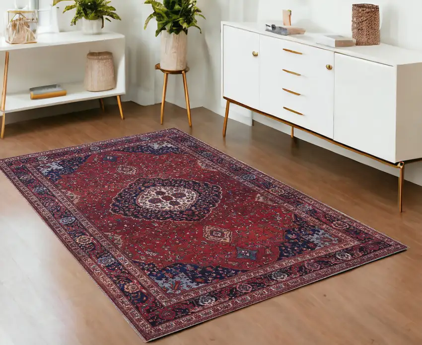 Red Blue And Tan Floral Power Loom Area Rug Photo 1