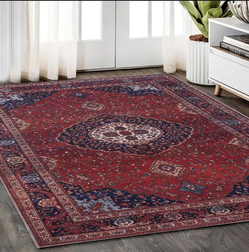 Red Blue And Tan Floral Power Loom Area Rug Photo 1