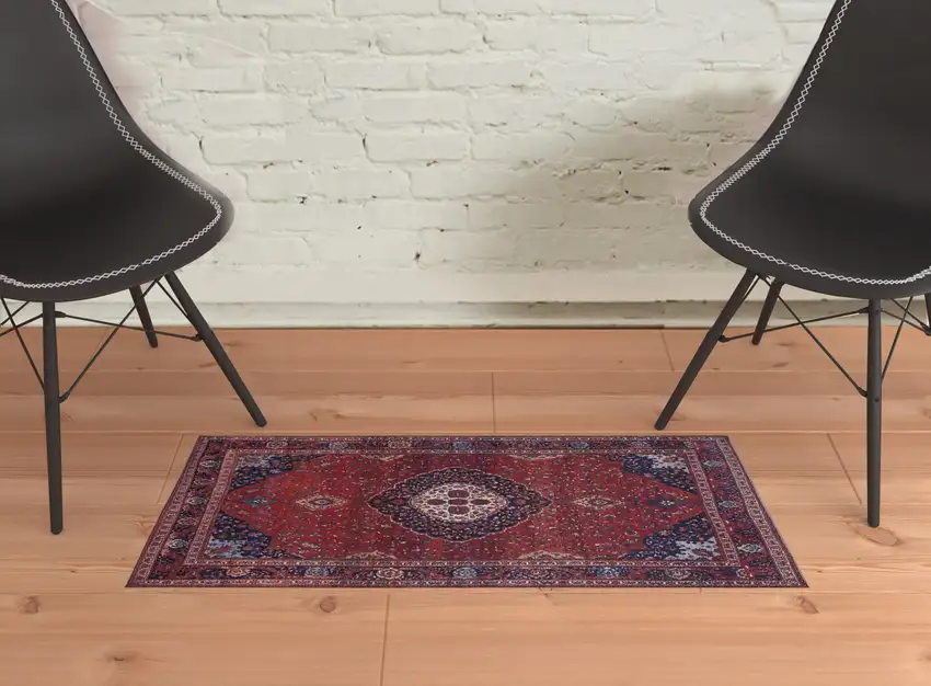 Red Blue And Tan Floral Power Loom Area Rug Photo 2
