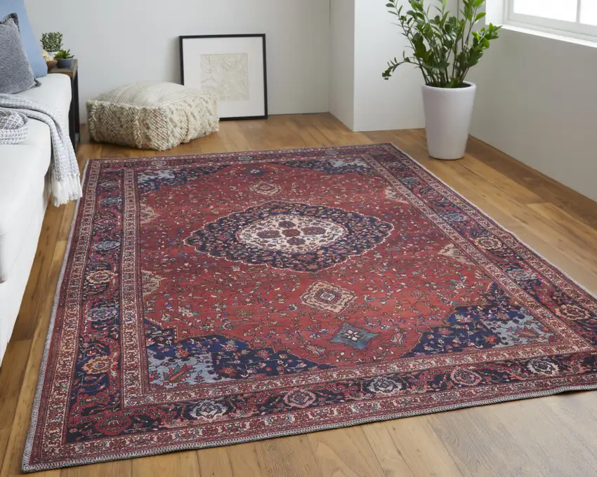 Red Blue And Tan Floral Power Loom Area Rug Photo 6