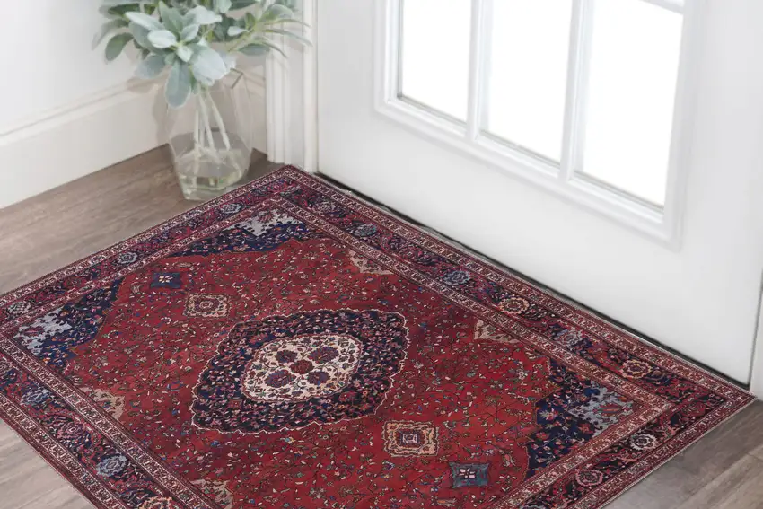 Red Blue And Tan Floral Power Loom Area Rug Photo 1