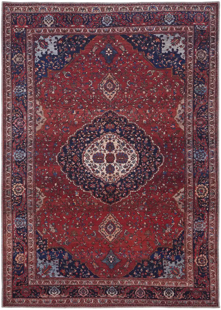 Red Blue And Tan Floral Power Loom Area Rug Photo 1