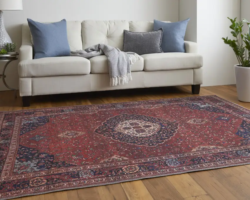 Red Blue And Tan Floral Power Loom Area Rug Photo 8