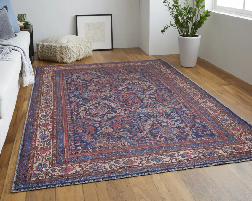 Red Blue And Tan Floral Power Loom Area Rug Photo 6