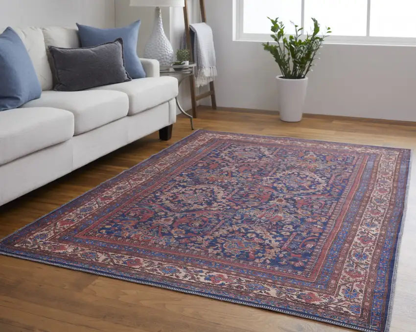 Red Blue And Tan Floral Power Loom Area Rug Photo 7