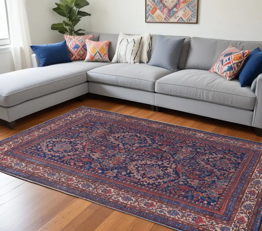 Red Blue And Tan Floral Power Loom Area Rug Photo 1