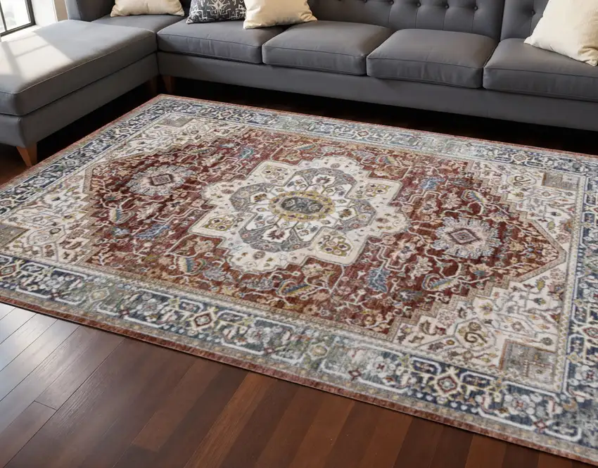 Red Blue And Tan Medallion Area Rug Photo 1