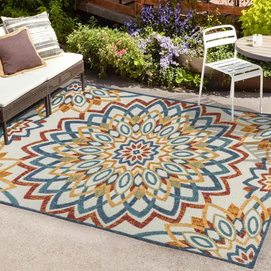 Red Blue And Yellow Medallion Indoor Outdoor Area Rug Photo 9