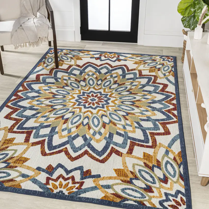 Red Blue And Yellow Medallion Indoor Outdoor Area Rug Photo 5