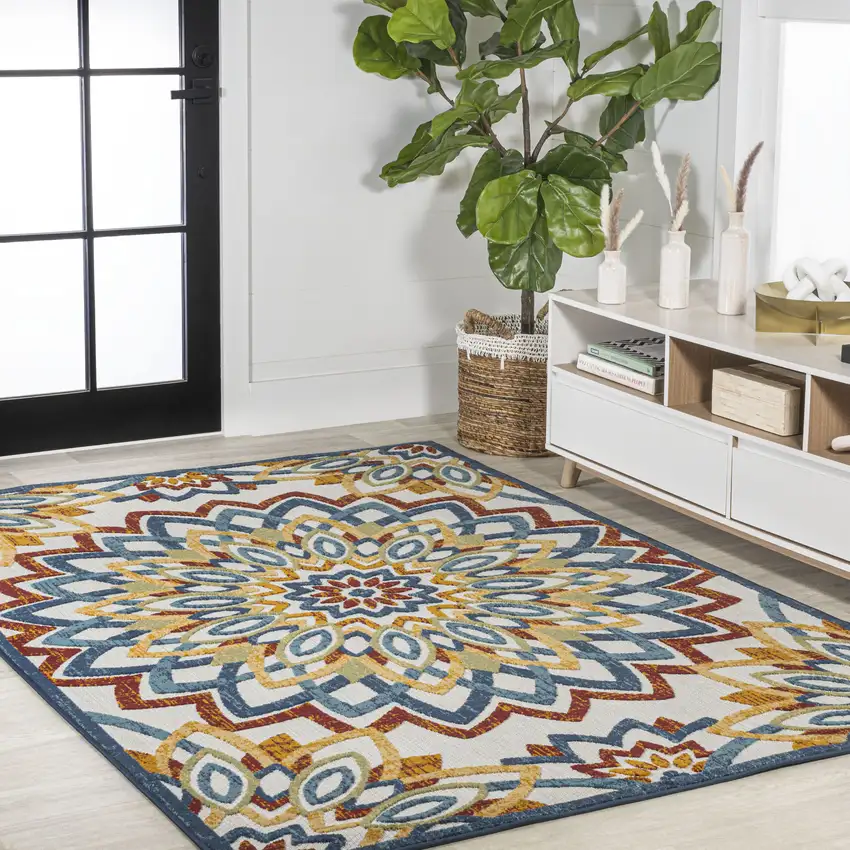 Red Blue And Yellow Medallion Indoor Outdoor Area Rug Photo 8