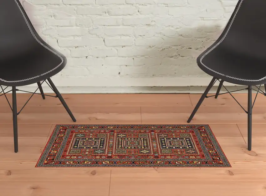 Red Blue Beige And Green Oriental Power Loom Stain Resistant Area Rug With Fringe Photo 3