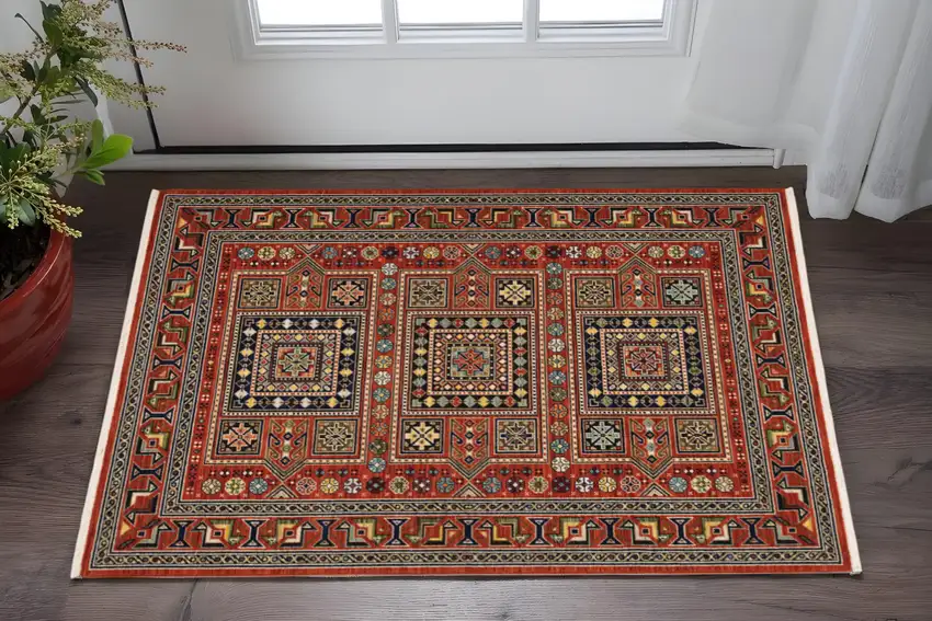 Red Black and White Oriental Power Loom Area Rug Photo 1