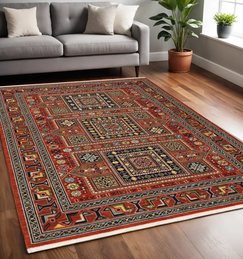 Blue and Red Oriental Power Loom Area Rug With Fringe Photo 1