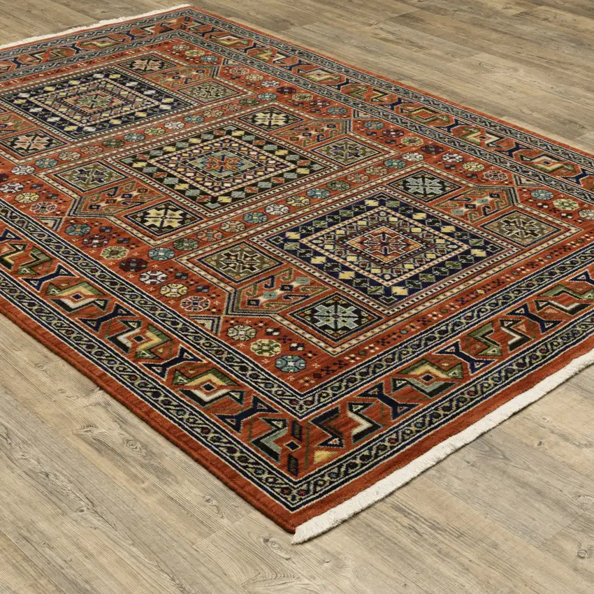 Red Blue Beige And Green Oriental Power Loom Stain Resistant Area Rug With Fringe Photo 7