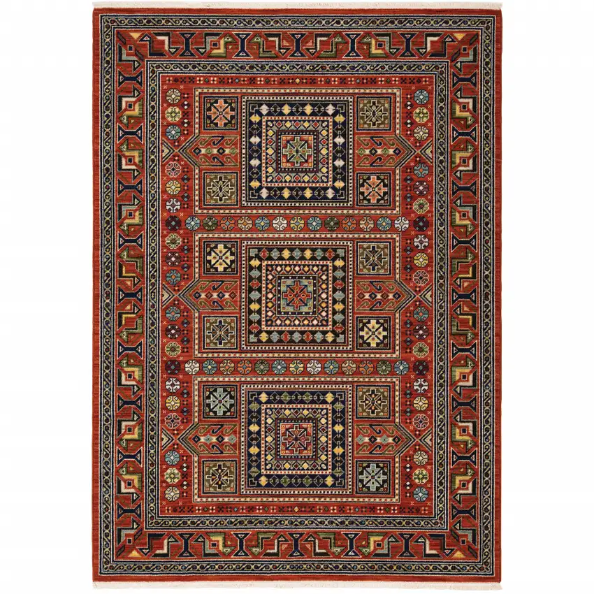 Red Blue Beige And Green Oriental Power Loom Stain Resistant Area Rug With Fringe Photo 1