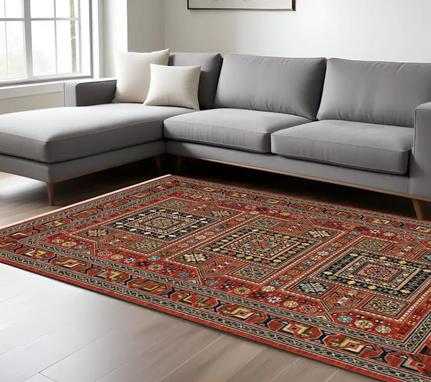 Blue and Red Oriental Power Loom Area Rug With Fringe Photo 1