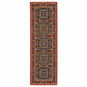 Photo of Red Blue Beige And Green Oriental Power Loom Stain Resistant Runner Rug With Fringe
