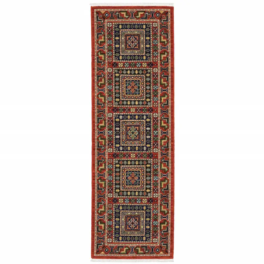 Red Blue Beige And Green Oriental Power Loom Stain Resistant Runner Rug With Fringe Photo 2