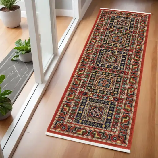 2' X 6' Red Blue Beige And Green Oriental Power Loom Stain Resistant Runner Rug With Fringe Photo 1