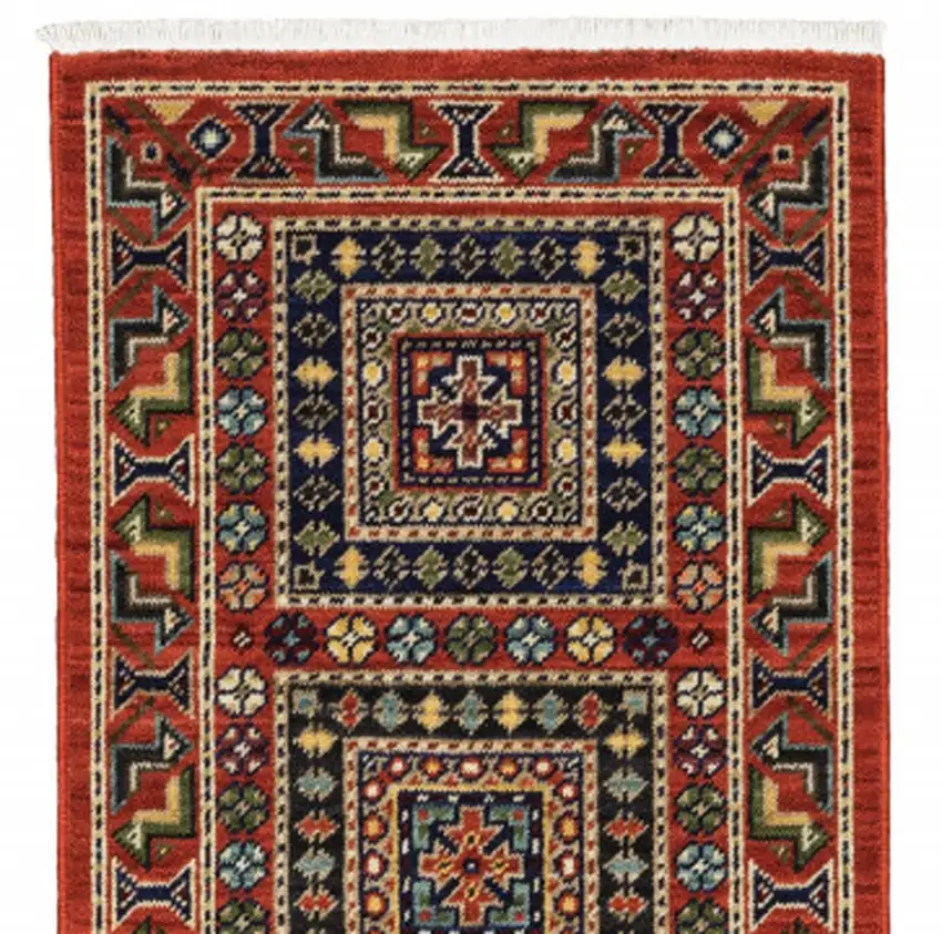 2' X 6' Red Blue Beige And Green Oriental Power Loom Stain Resistant Runner Rug With Fringe Photo 6