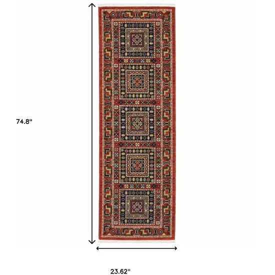 2' X 6' Red Blue Beige And Green Oriental Power Loom Stain Resistant Runner Rug With Fringe Photo 3