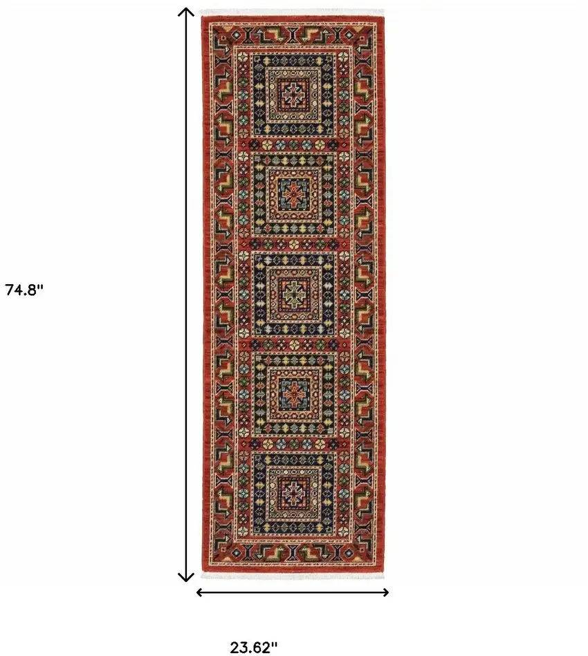 2' X 6' Red Blue Beige And Green Oriental Power Loom Stain Resistant Runner Rug With Fringe Photo 3