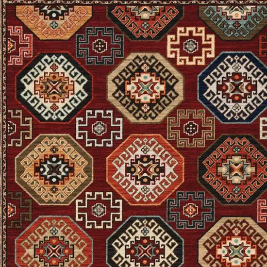 Red Blue Brown And Beige Oriental Power Loom Stain Resistant Area Rug With Fringe Photo 6