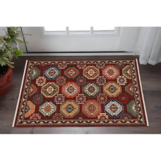 Red Blue Brown And Beige Oriental Power Loom Stain Resistant Area Rug With Fringe Photo 2