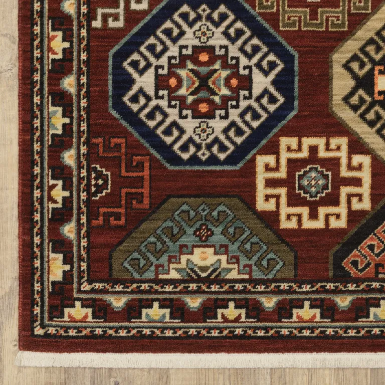 Red Blue Brown And Beige Oriental Power Loom Stain Resistant Area Rug With Fringe Photo 5