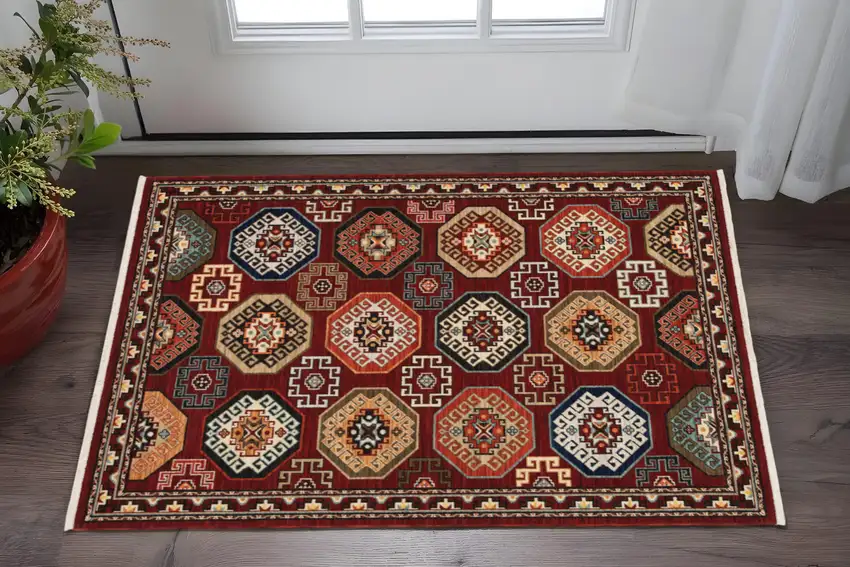 Red Blue Brown And Beige Oriental Power Loom Stain Resistant Area Rug With Fringe Photo 2