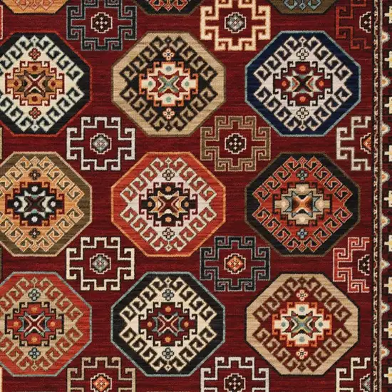 Red Blue Brown And Beige Oriental Power Loom Stain Resistant Area Rug With Fringe Photo 6
