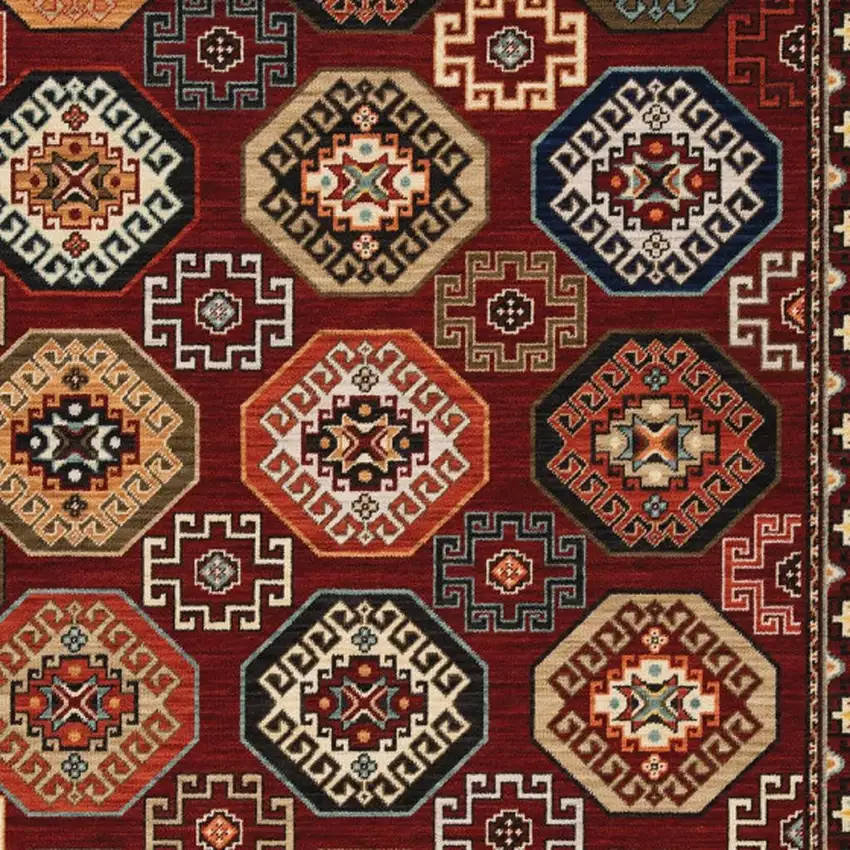 Red Blue Brown And Beige Oriental Power Loom Stain Resistant Area Rug With Fringe Photo 6
