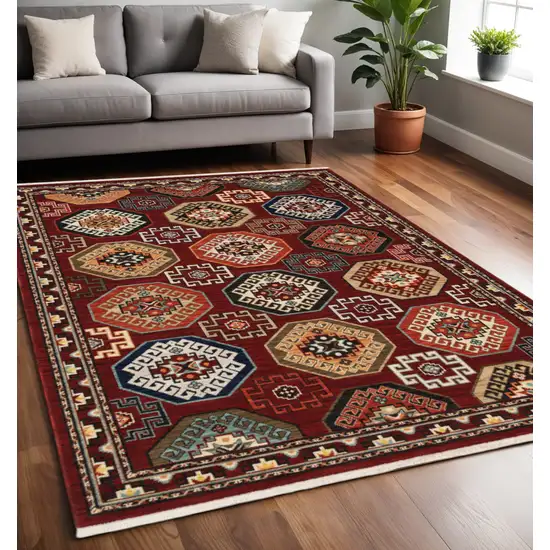 Blue and Red Oriental Power Loom Area Rug With Fringe Photo 1
