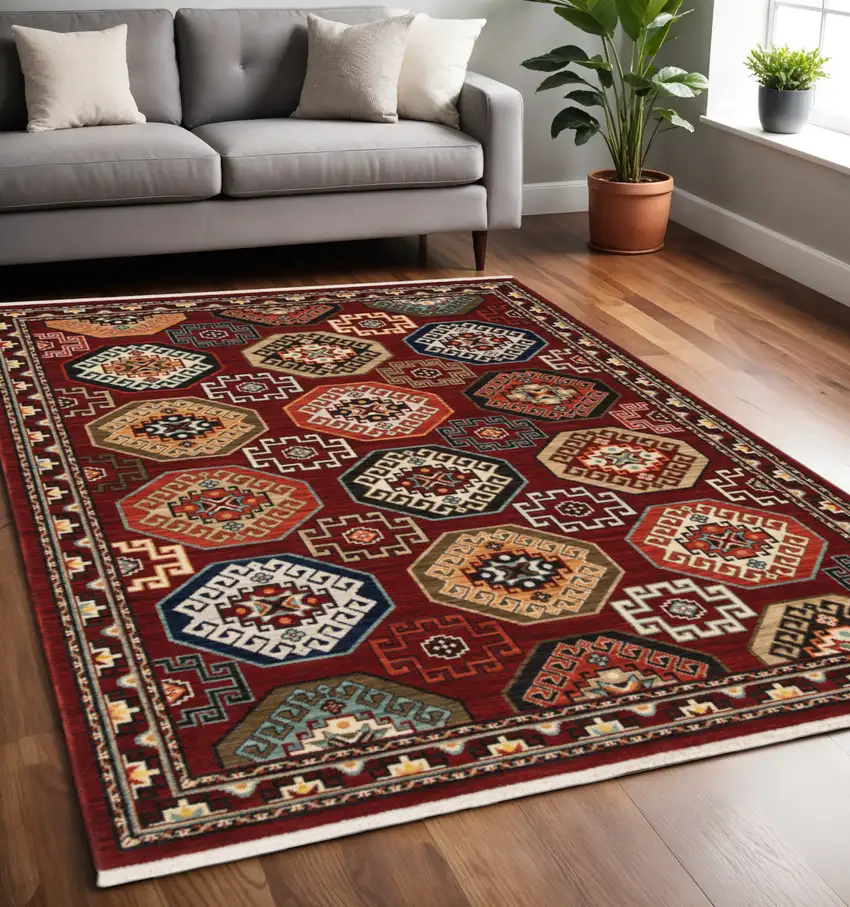 Blue and Red Oriental Power Loom Area Rug With Fringe Photo 1