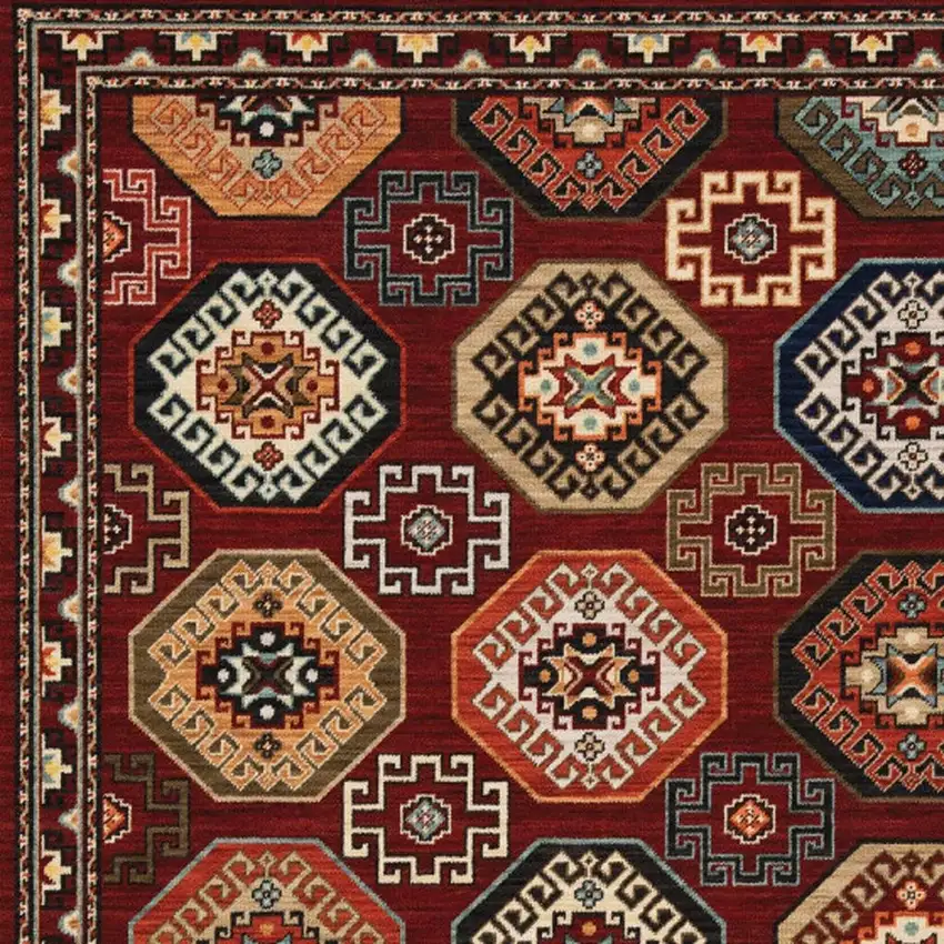 6' X 9' Red Blue Brown And Beige Oriental Power Loom Stain Resistant Area Rug With Fringe Photo 9