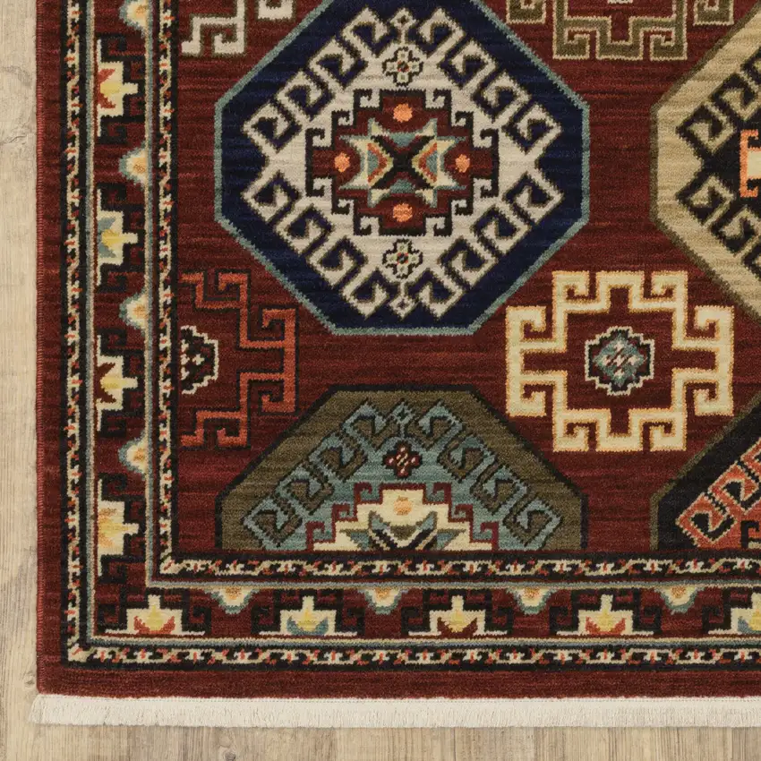 Red Blue Brown And Beige Oriental Power Loom Stain Resistant Area Rug With Fringe Photo 6