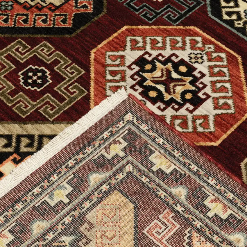 Red Blue Brown And Beige Oriental Power Loom Stain Resistant Area Rug With Fringe Photo 7