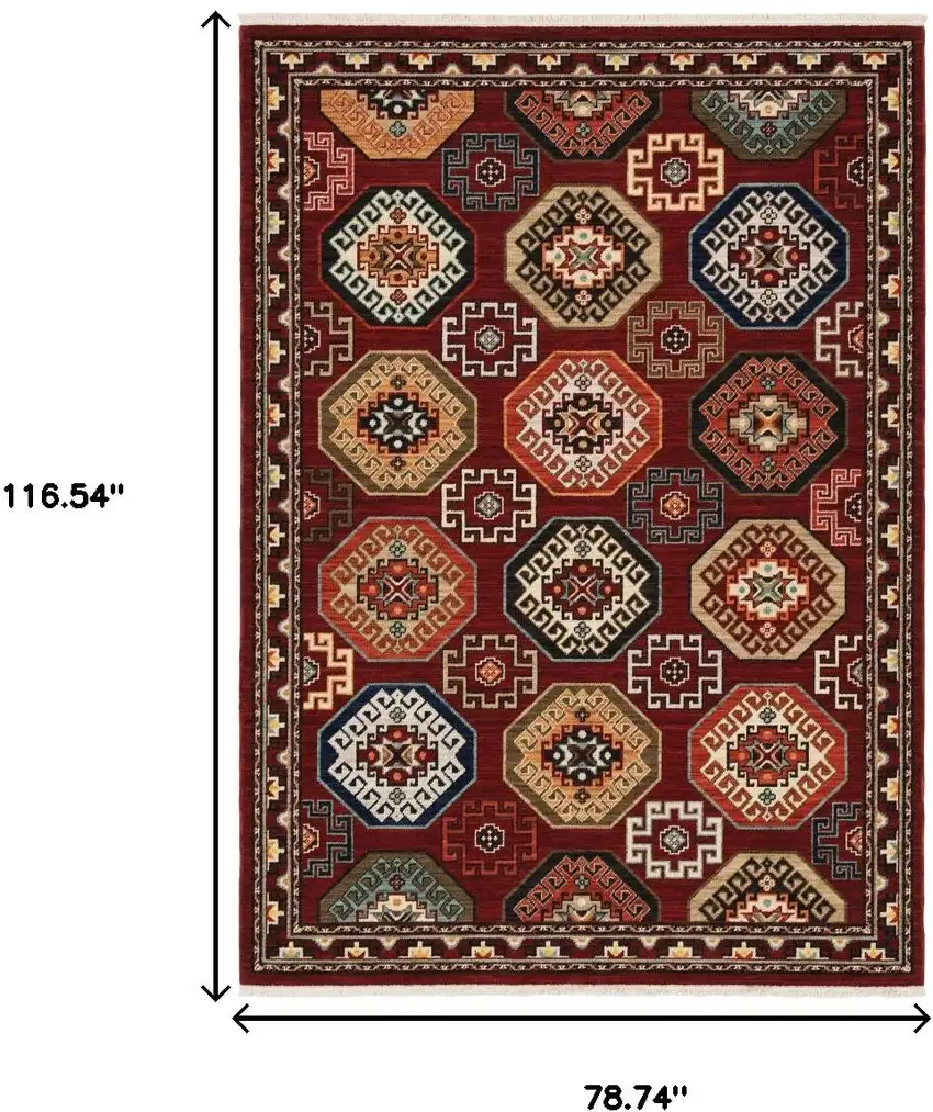 6' X 9' Red Blue Brown And Beige Oriental Power Loom Stain Resistant Area Rug With Fringe Photo 3