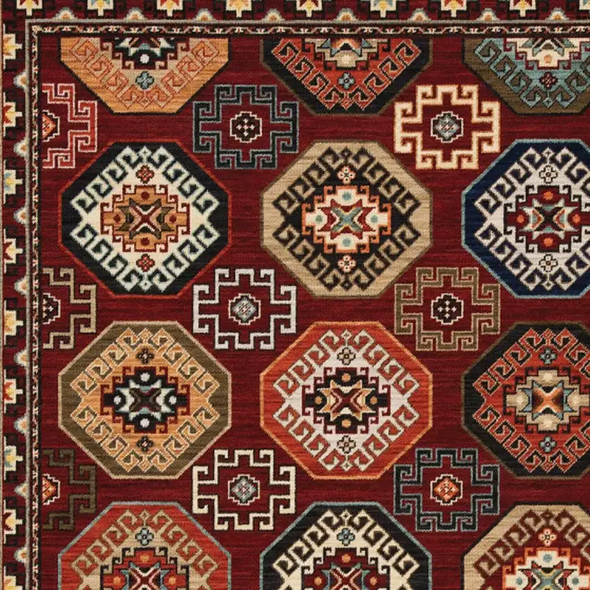 Red Blue Brown And Beige Oriental Power Loom Stain Resistant Area Rug With Fringe Photo 7