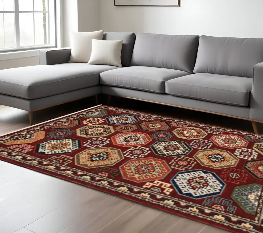 Red Blue Brown And Beige Oriental Power Loom Stain Resistant Area Rug With Fringe Photo 1