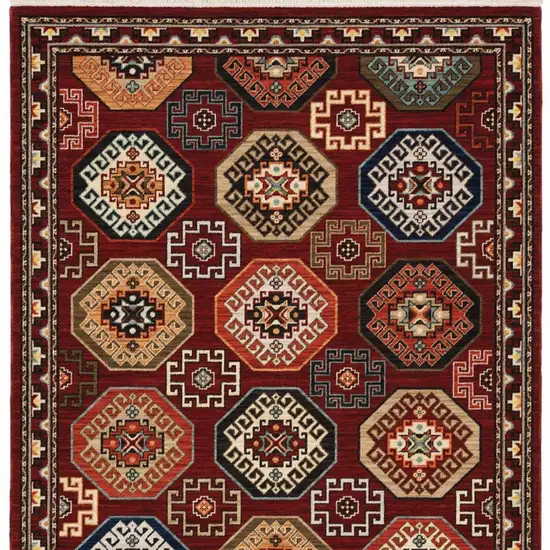 Red Blue Brown And Beige Oriental Power Loom Stain Resistant Area Rug With Fringe Photo 4