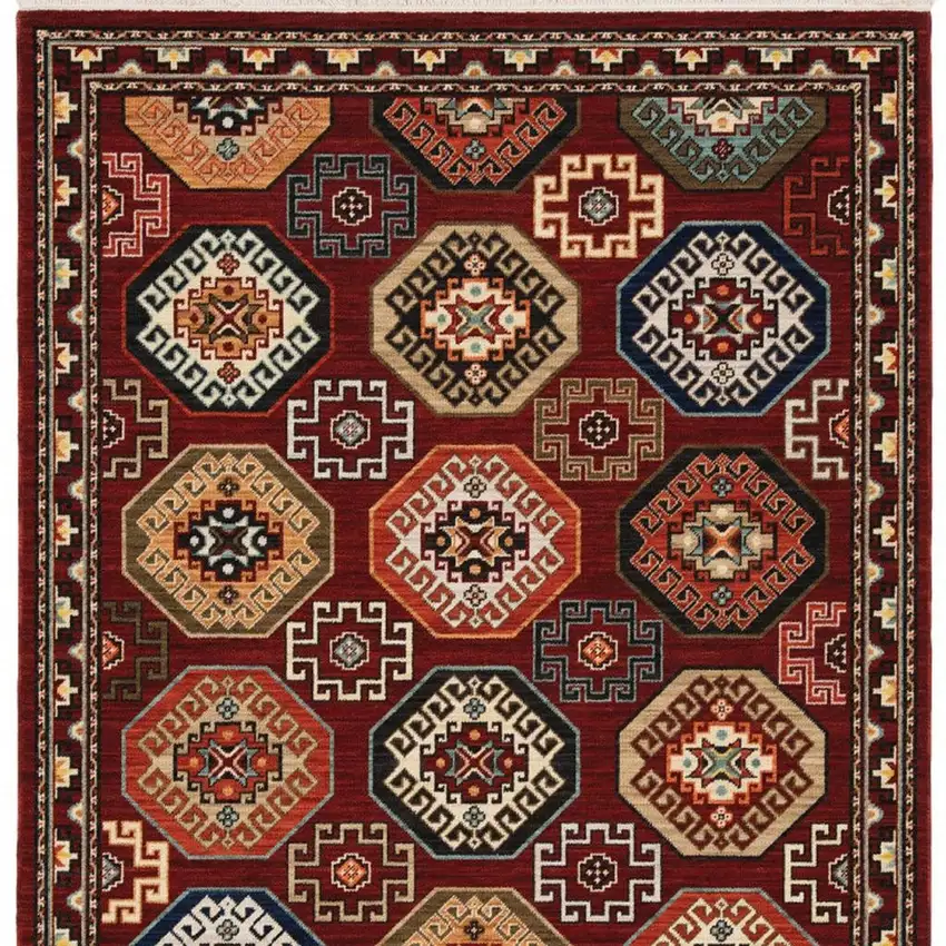 Red Blue Brown And Beige Oriental Power Loom Stain Resistant Area Rug With Fringe Photo 4