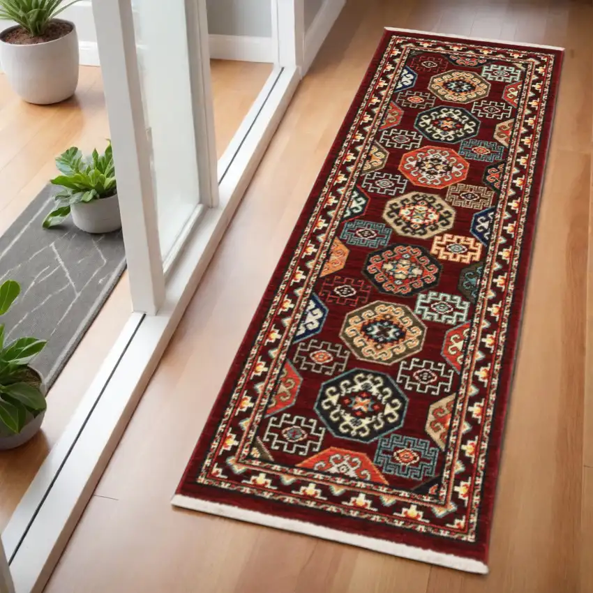 2' X 6' Red Blue Brown And Beige Oriental Power Loom Stain Resistant Runner Rug With Fringe Photo 1