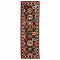 Photo of Red Blue Brown And Beige Oriental Power Loom Stain Resistant Runner Rug With Fringe