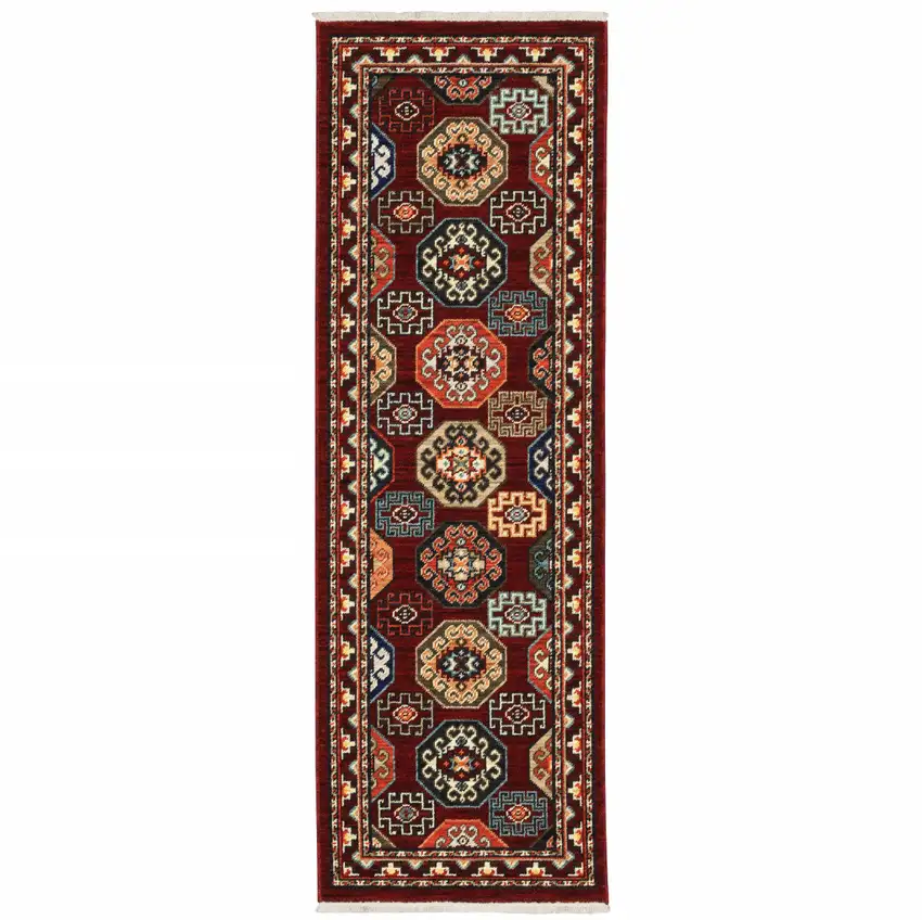 Red Blue Brown And Beige Oriental Power Loom Stain Resistant Runner Rug With Fringe Photo 1