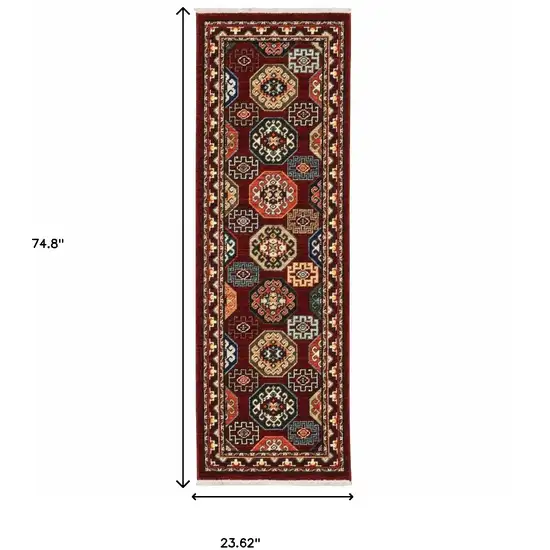 2' X 6' Red Blue Brown And Beige Oriental Power Loom Stain Resistant Runner Rug With Fringe Photo 3