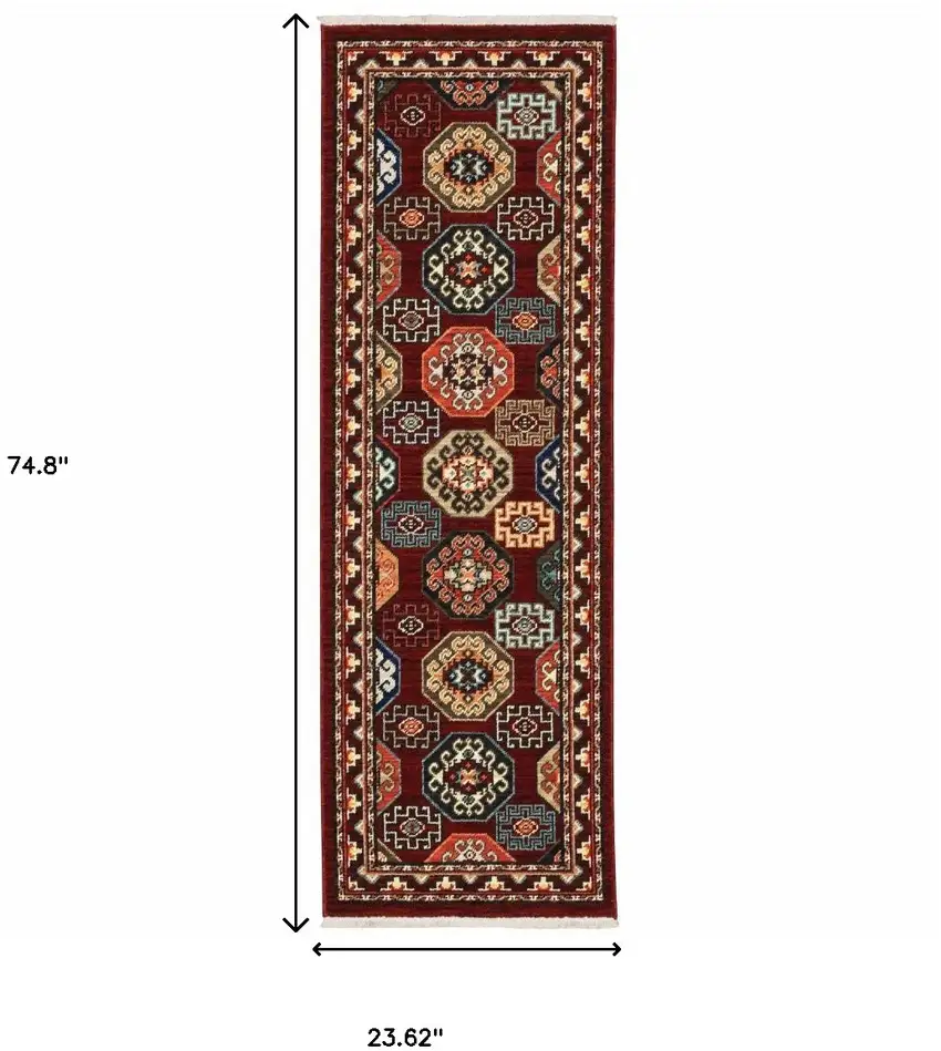 2' X 6' Red Blue Brown And Beige Oriental Power Loom Stain Resistant Runner Rug With Fringe Photo 3