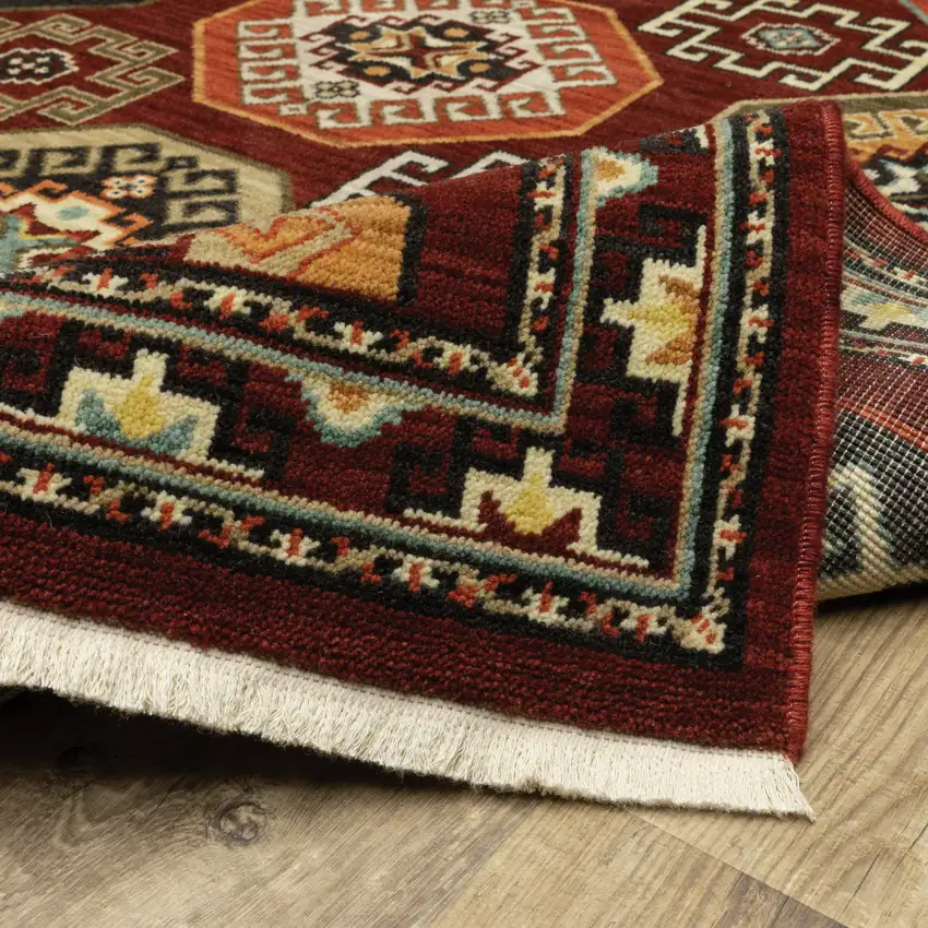 2' X 6' Red Blue Brown And Beige Oriental Power Loom Stain Resistant Runner Rug With Fringe Photo 9